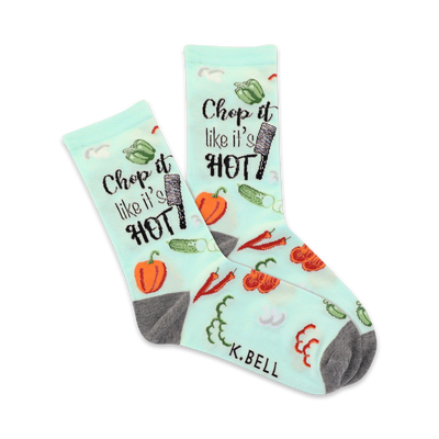 women's chop it crew socks featuring vegetable pattern and "chop it like it's hot" phrase.  