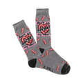 Crew socks in grey with a pattern of bacon strips. A pink banner reads 'Don't go Bacon! My heart', with a bacon-shaped heart.