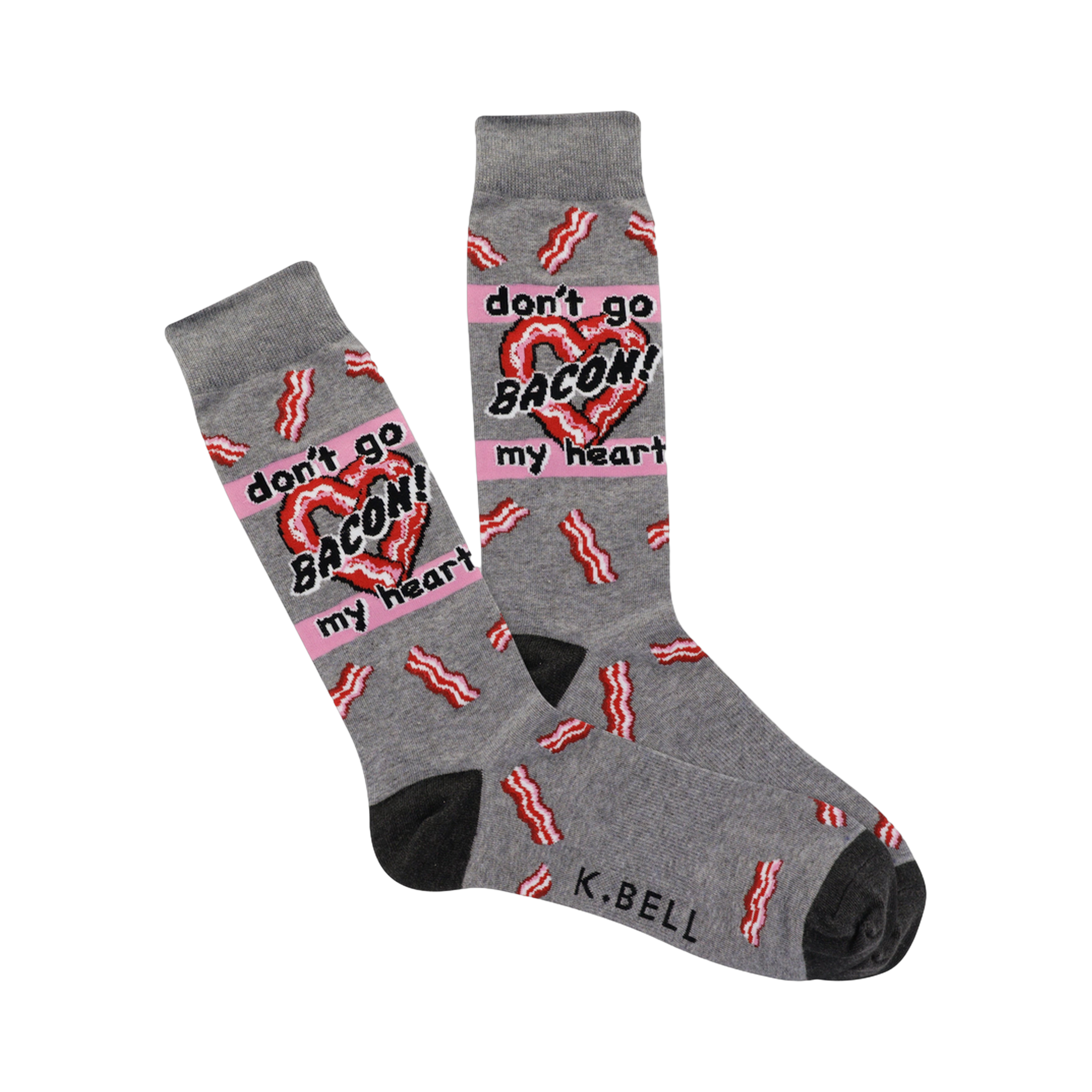Crew socks in grey with a pattern of bacon strips. A pink banner reads 'Don't go Bacon! My heart', with a bacon-shaped heart.