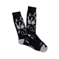 Pair of black crew socks with white and gray headphones, musical notes, and lightning bolt designs. Light gray heel and toe.