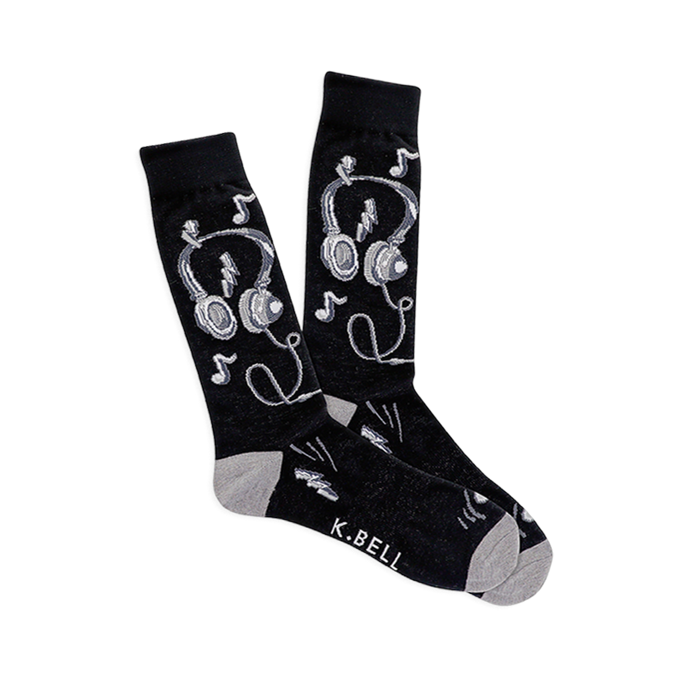 Pair of black crew socks with white and gray headphones, musical notes, and lightning bolt designs. Light gray heel and toe.