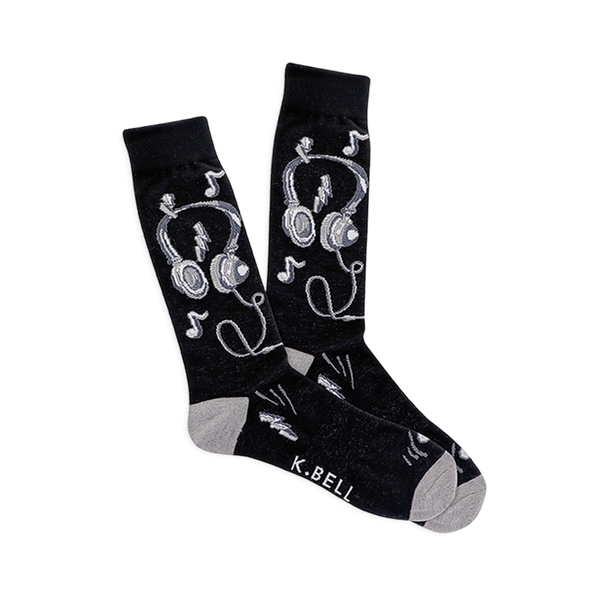 Pair of black crew socks with white and gray headphones, musical notes, and lightning bolt designs. Light gray heel and toe.