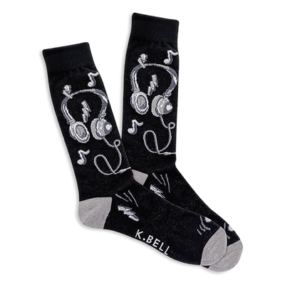 Pair of black crew socks with white and gray headphones, musical notes, and lightning bolt designs. Light gray heel and toe.