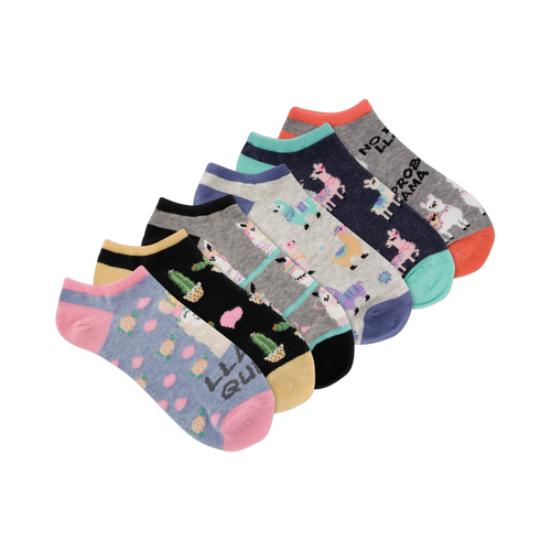 Six pairs of women's no-show socks.  Designs include colorful llamas, cacti, and stripes on various pastel backgrounds.