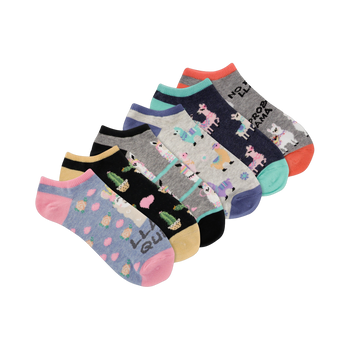 Six pairs of women's no-show socks.  Designs include colorful llamas, cacti, and stripes on various pastel backgrounds.