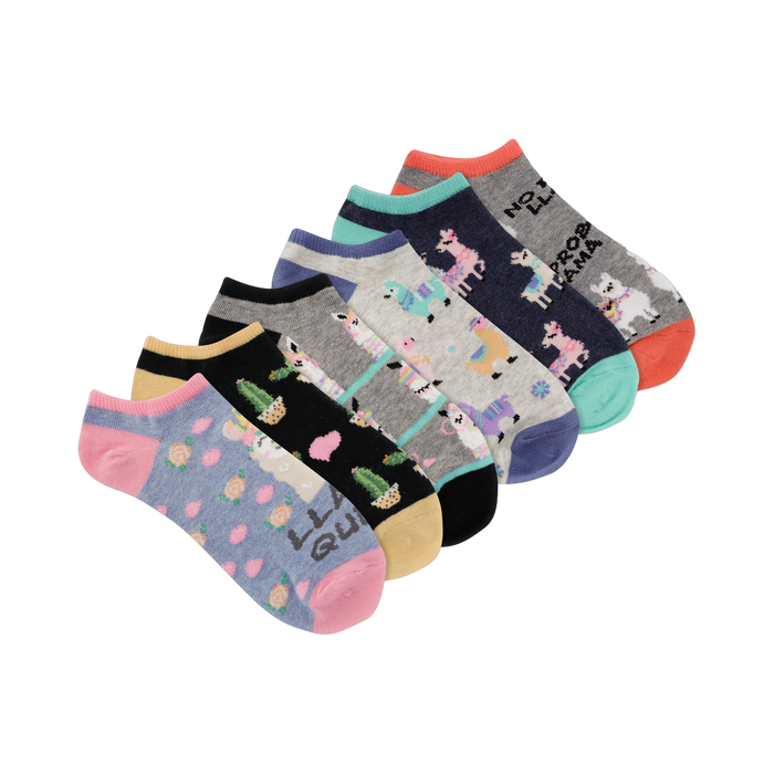 Six pairs of women's no-show socks.  Designs include colorful llamas, cacti, and stripes on various pastel backgrounds. }}