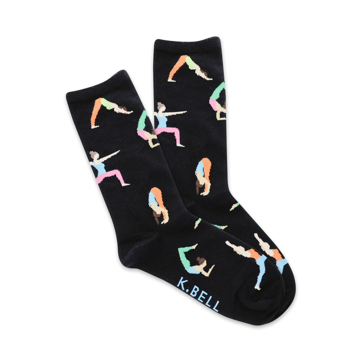 Pair of black crew socks with colorful illustrations of diverse women in various yoga poses.  'K.BELL' is subtly printed on the sole.