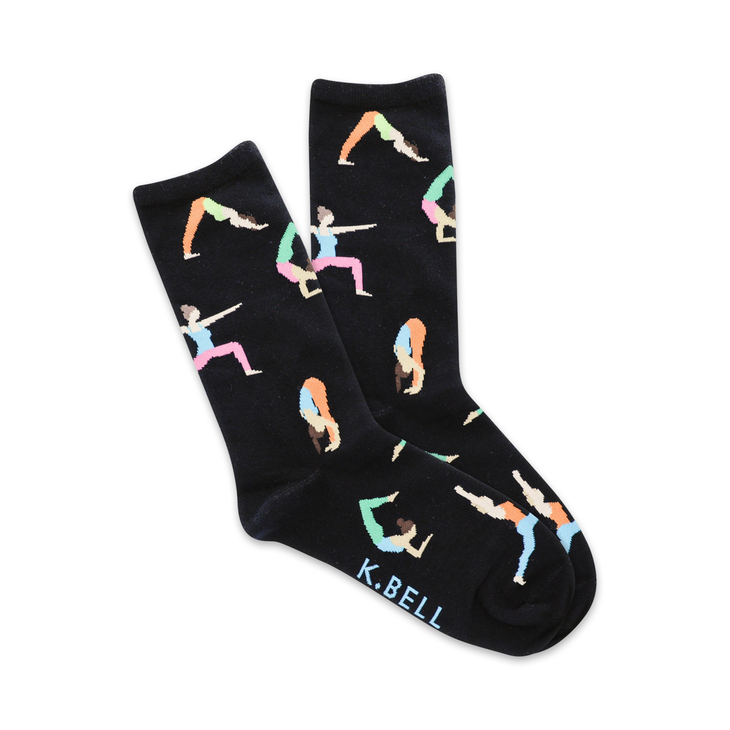 Pair of black crew socks with colorful illustrations of diverse women in various yoga poses.  'K.BELL' is subtly printed on the sole.