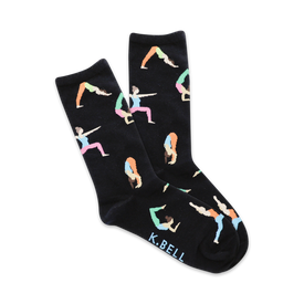 yoga-themed black crew socks for women feature colorful people doing yoga poses.   