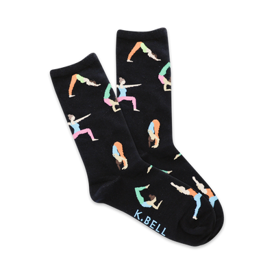 yoga-themed black crew socks for women feature colorful people doing yoga poses.   