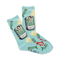 A pair of light blue crew socks with a whimsical design.  The pattern includes mermaids in sardine cans, lemon slices, and mermaid tails.