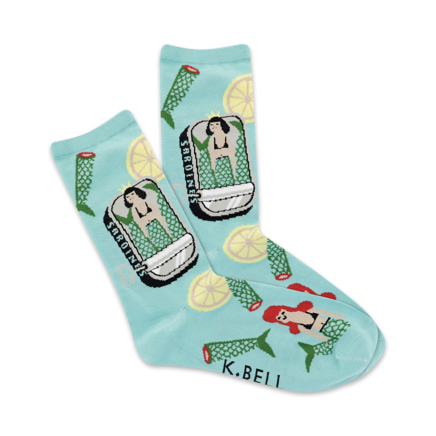 A pair of light blue crew socks with a whimsical design.  The pattern includes mermaids in sardine cans, lemon slices, and mermaid tails.