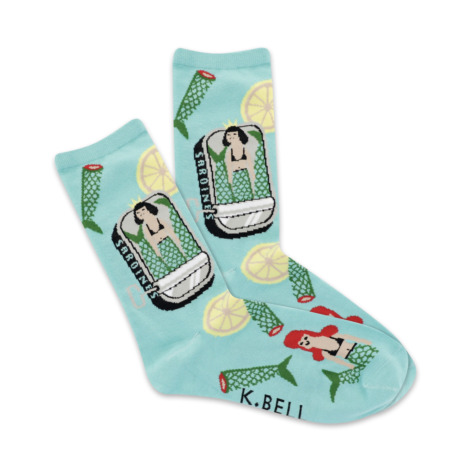 A pair of light blue crew socks with a whimsical design.  The pattern includes mermaids in sardine cans, lemon slices, and mermaid tails.