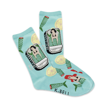 light blue crew socks with orange and red mermaid and lemon pattern suitable for women.  