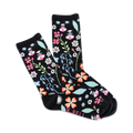 A pair of black crew socks with a colorful floral pattern.  Features pink, orange, and blue flowers and leaves on a dark background.
