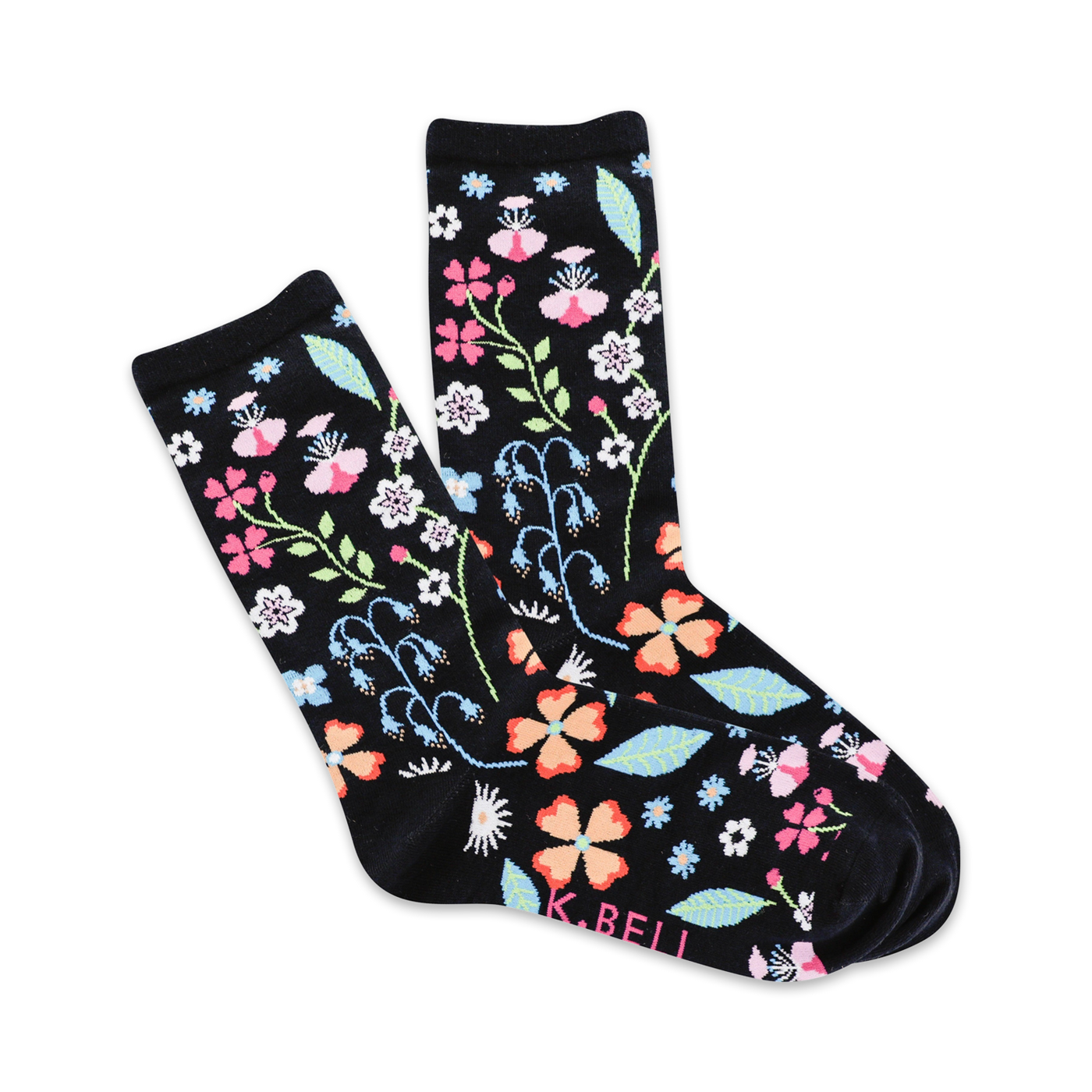 A pair of black crew socks with a colorful floral pattern.  Features pink, orange, and blue flowers and leaves on a dark background.