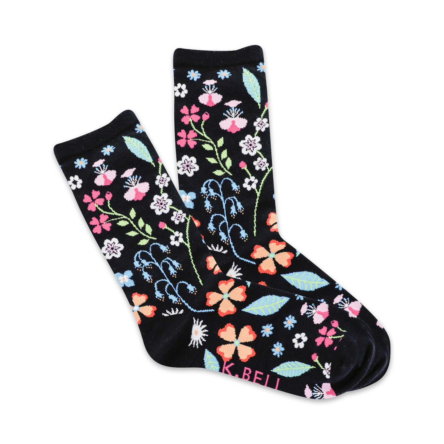 A pair of black crew socks with a colorful floral pattern.  Features pink, orange, and blue flowers and leaves on a dark background.