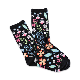 women's floral crew socks: black socks with pink, blue, orange, and white flowers and green leaves.   