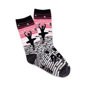 black ballerina dance pattern womens crew socks featuring light pink and gray background.  