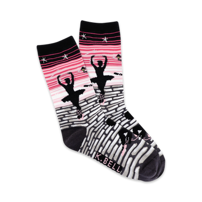 black ballerina dance pattern womens crew socks featuring light pink and gray background.  