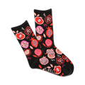 A pair of black crew socks with a colorful pomegranate design. The pomegranates are in shades of red, pink, and purple.