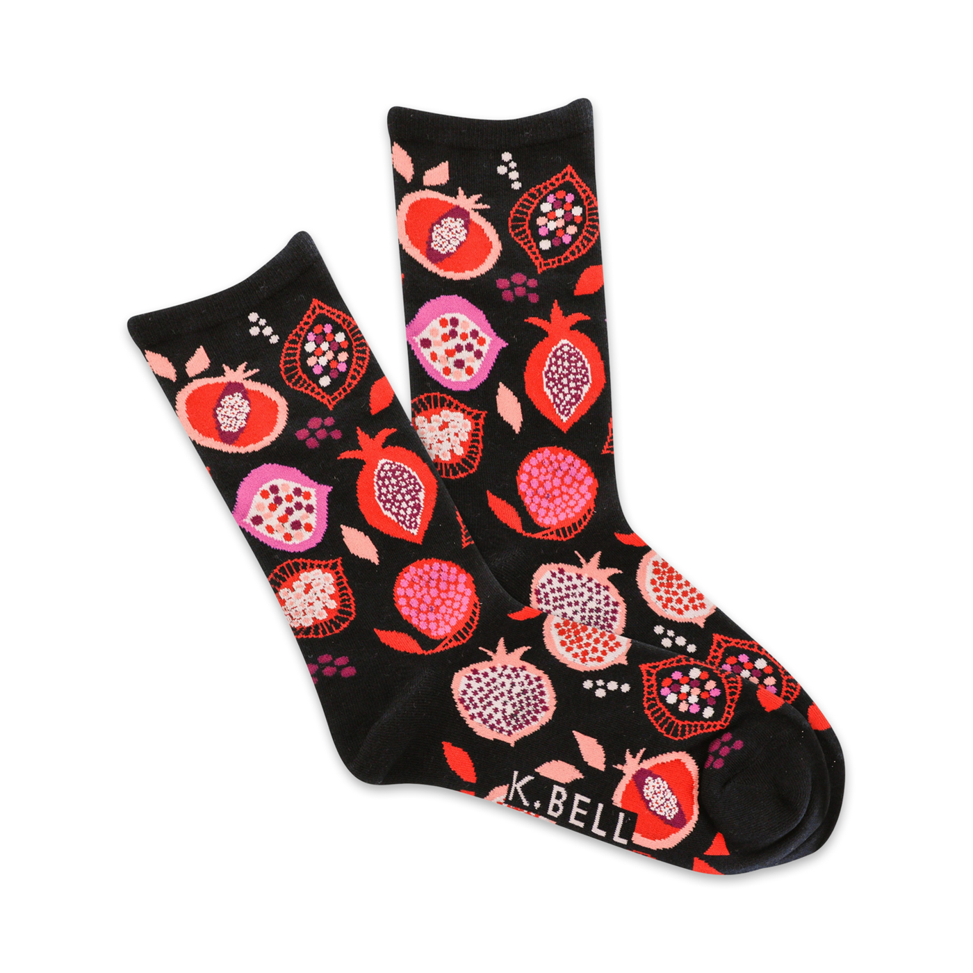 A pair of black crew socks with a colorful pomegranate design. The pomegranates are in shades of red, pink, and purple.