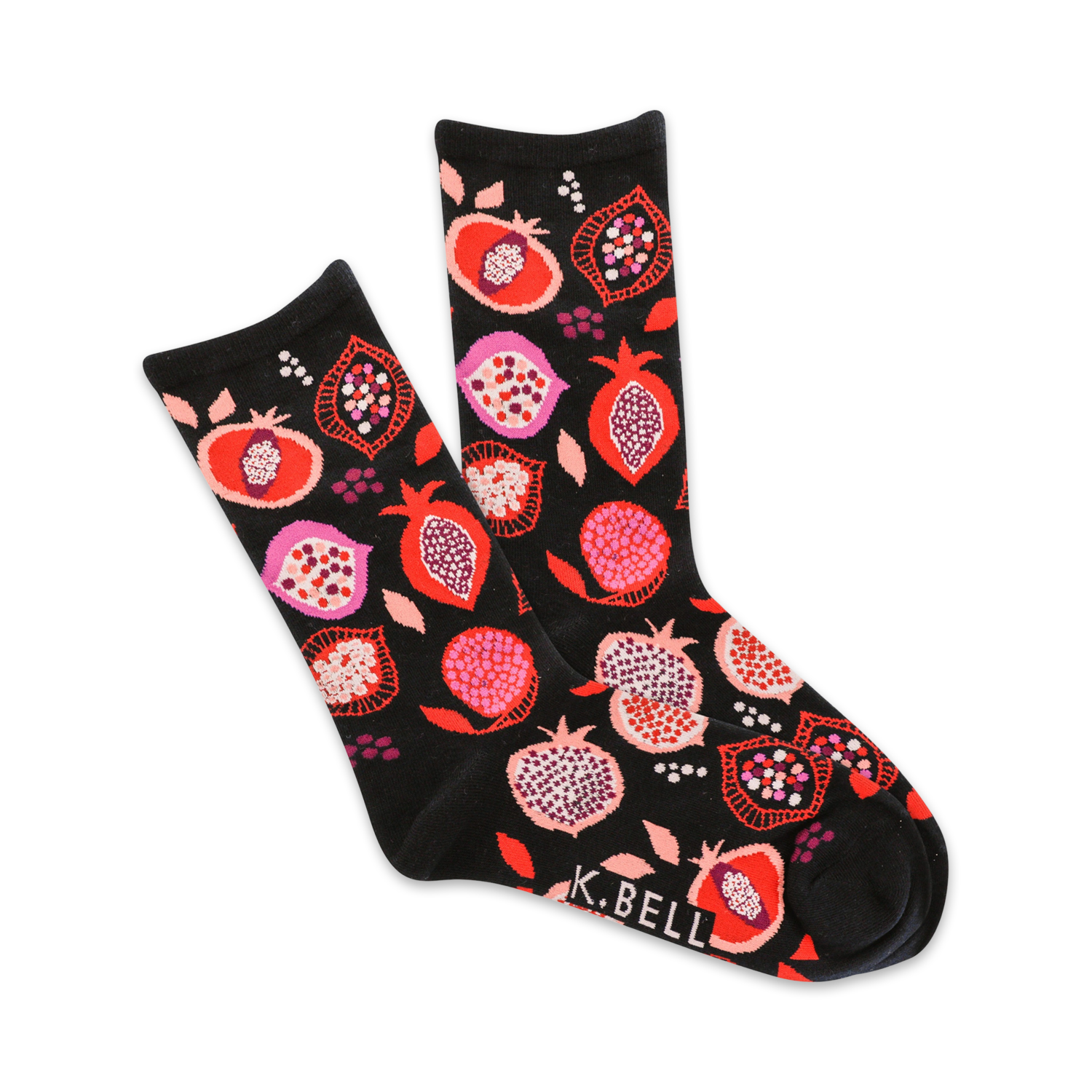A pair of black crew socks with a colorful pomegranate design. The pomegranates are in shades of red, pink, and purple.
