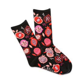 women's crew socks in black with red and pink pomegranates and green leaves.  