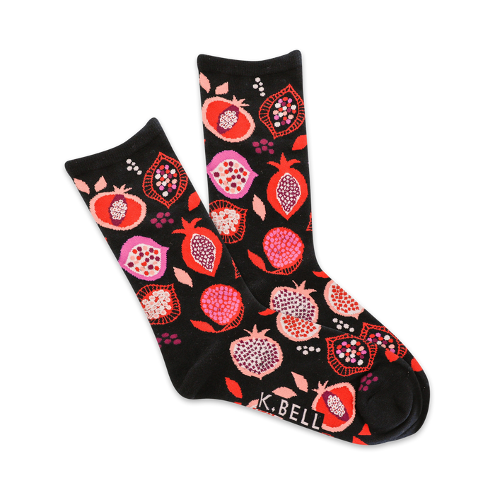 women's crew socks in black with red and pink pomegranates and green leaves.   }}