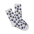 A pair of heather gray crew socks with a fun blueberry print. The blueberries are dark blue and purple.