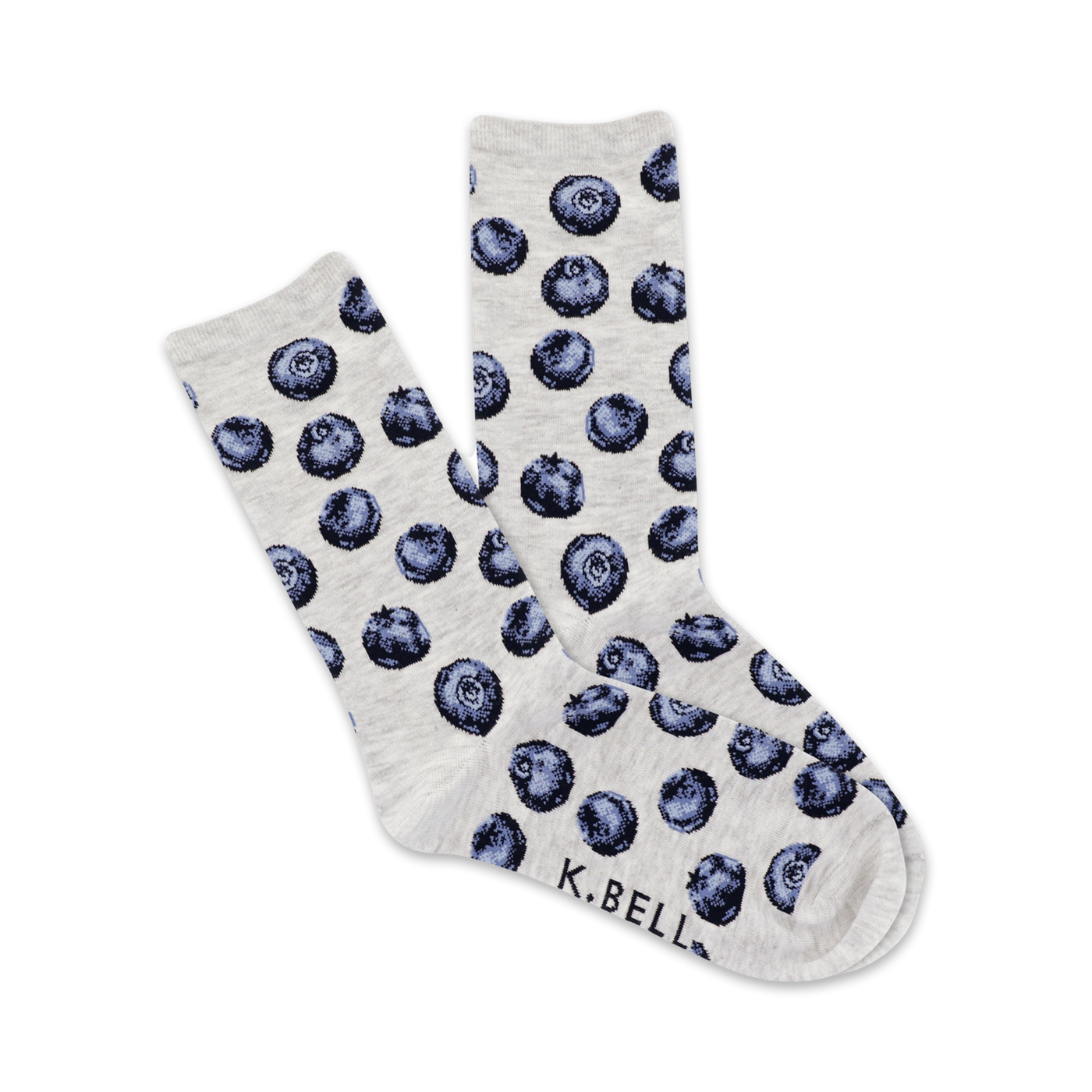 A pair of heather gray crew socks with a fun blueberry print. The blueberries are dark blue and purple.