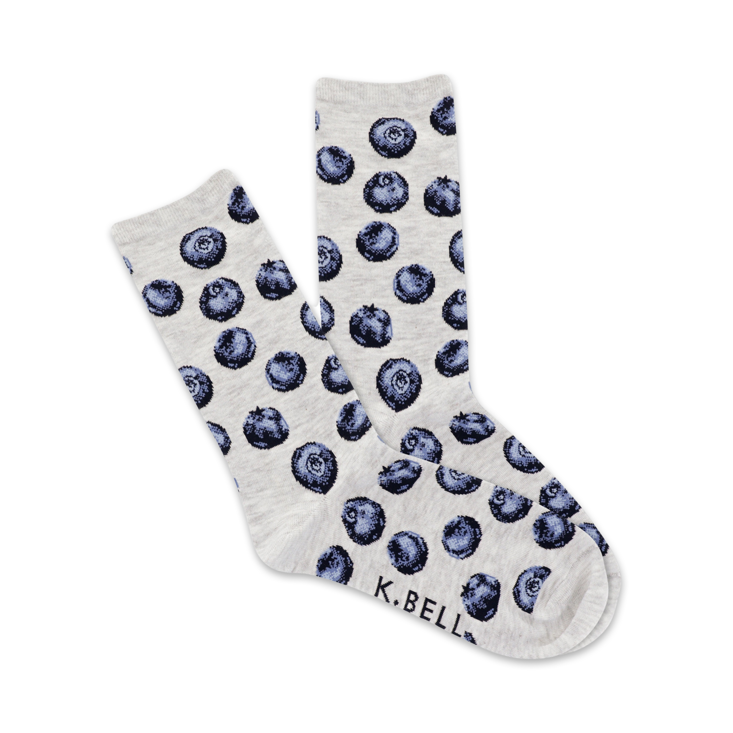 A pair of heather gray crew socks with a fun blueberry print. The blueberries are dark blue and purple.
