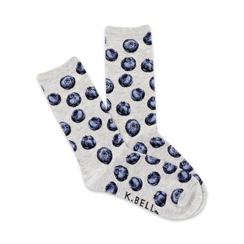 light gray crew socks with scattered dark blue blueberry pattern.  
