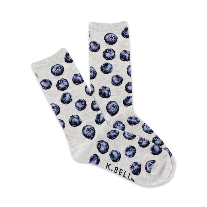 light gray crew socks with scattered dark blue blueberry pattern.   }}