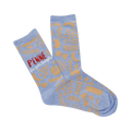 Pair of crew socks, light blue with a tan penne pasta pattern.  'Penne for your thoughts' is embroidered on one sock.