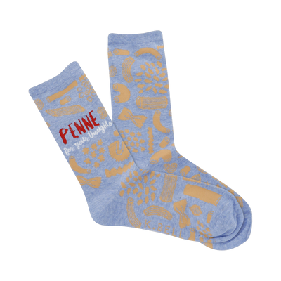 Pair of crew socks, light blue with a tan penne pasta pattern.  'Penne for your thoughts' is embroidered on one sock.