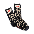 Pair of navy crew socks with a cream spaghetti-like pattern and a red-lipped face graphic at the top.