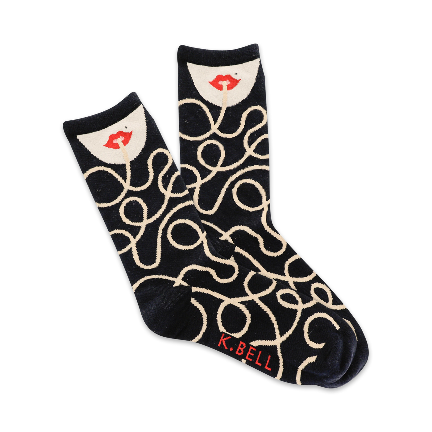 Pair of navy crew socks with a cream spaghetti-like pattern and a red-lipped face graphic at the top.