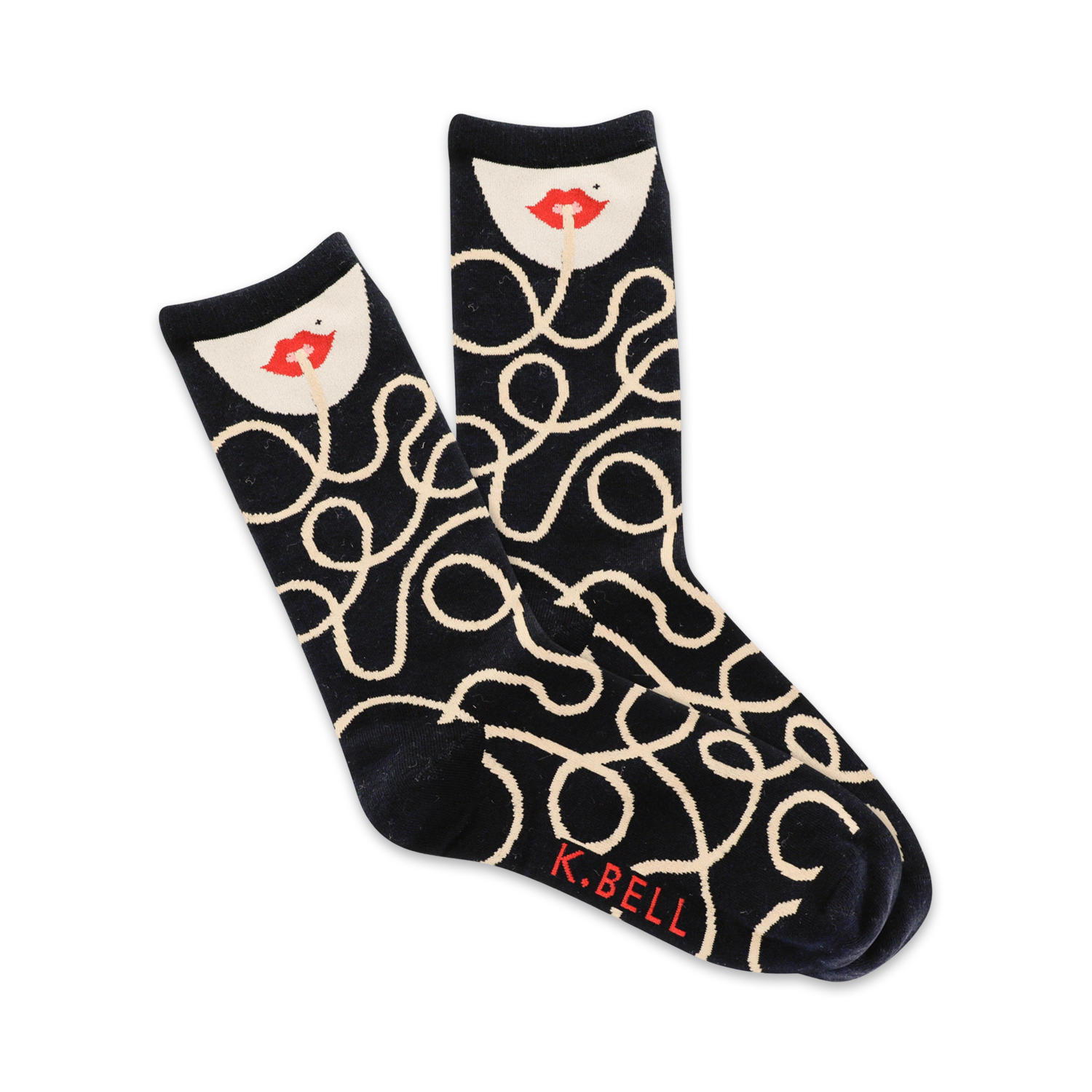 Pair of navy crew socks with a cream spaghetti-like pattern and a red-lipped face graphic at the top.