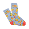 Crew socks, light blue with coral accents, featuring a repeated pattern of yellow taco trucks and tacos.