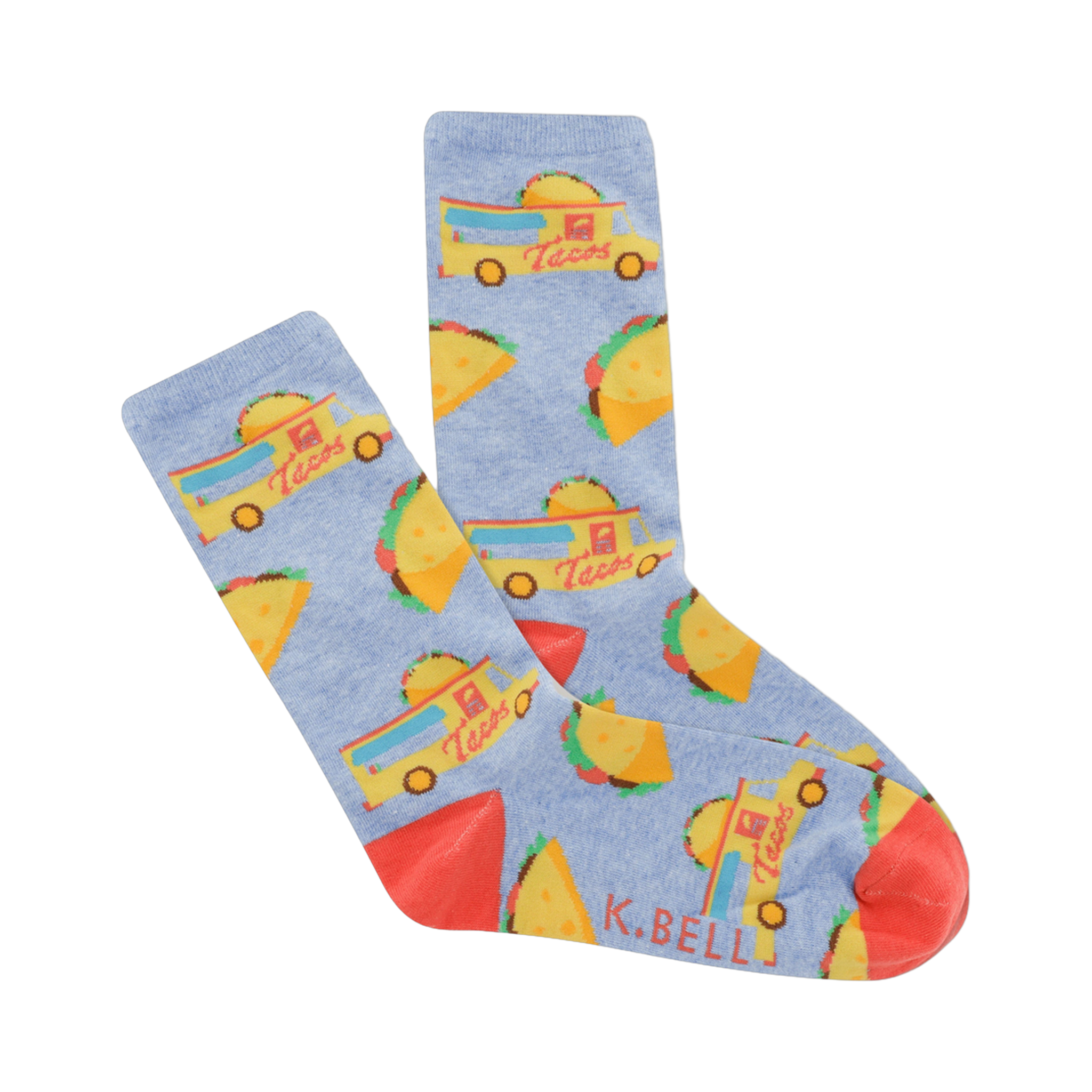 Crew socks, light blue with coral accents, featuring a repeated pattern of yellow taco trucks and tacos.