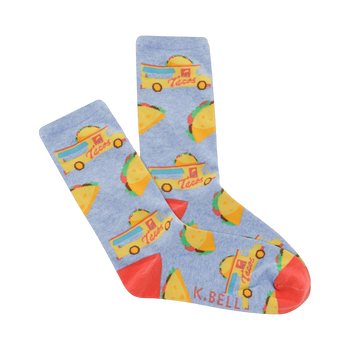 Crew socks, light blue with coral accents, featuring a repeated pattern of yellow taco trucks and tacos.