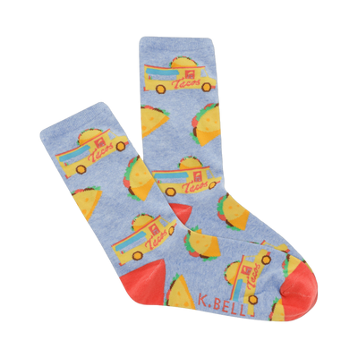Crew socks, light blue with coral accents, featuring a repeated pattern of yellow taco trucks and tacos.