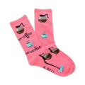 A pair of pink crew socks with a coffee theme.  Features coffee pots, mugs, and the text 'No Coffee No Workee'.