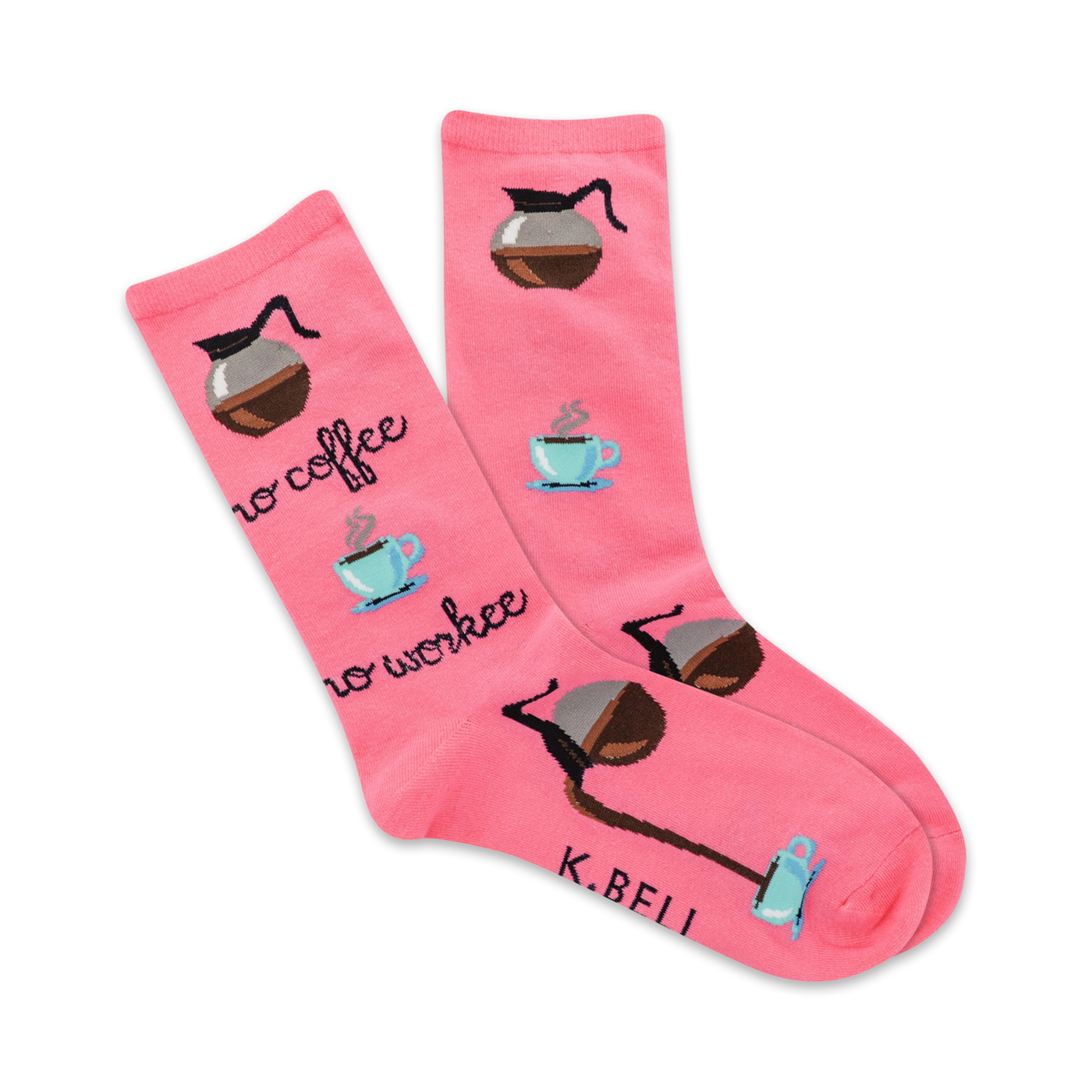 A pair of pink crew socks with a coffee theme.  Features coffee pots, mugs, and the text 'No Coffee No Workee'.