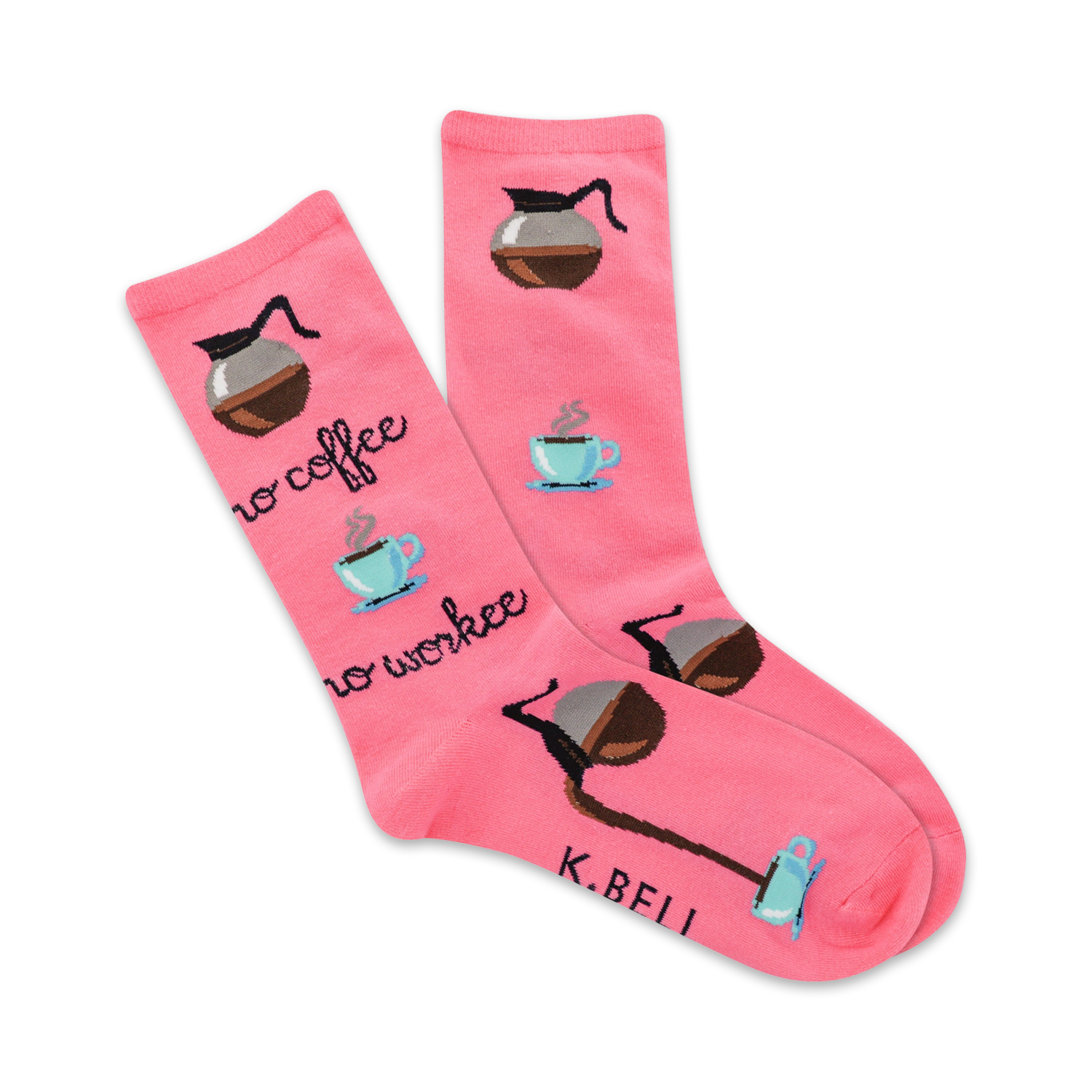 A pair of pink crew socks with a coffee theme.  Features coffee pots, mugs, and the text 'No Coffee No Workee'.