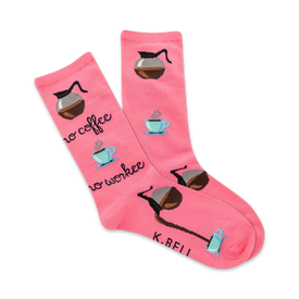 coffee-themed socks for women featuring a pattern of coffee pots and cups with "no coffee no workee" text.  