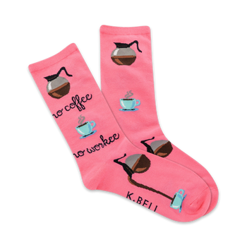 coffee-themed socks for women featuring a pattern of coffee pots and cups with "no coffee no workee" text.  
