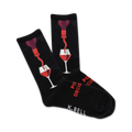 Pair of black crew socks with a red wine bottle pouring into a wine glass graphic.  Text reads 'Pour Decisions'.