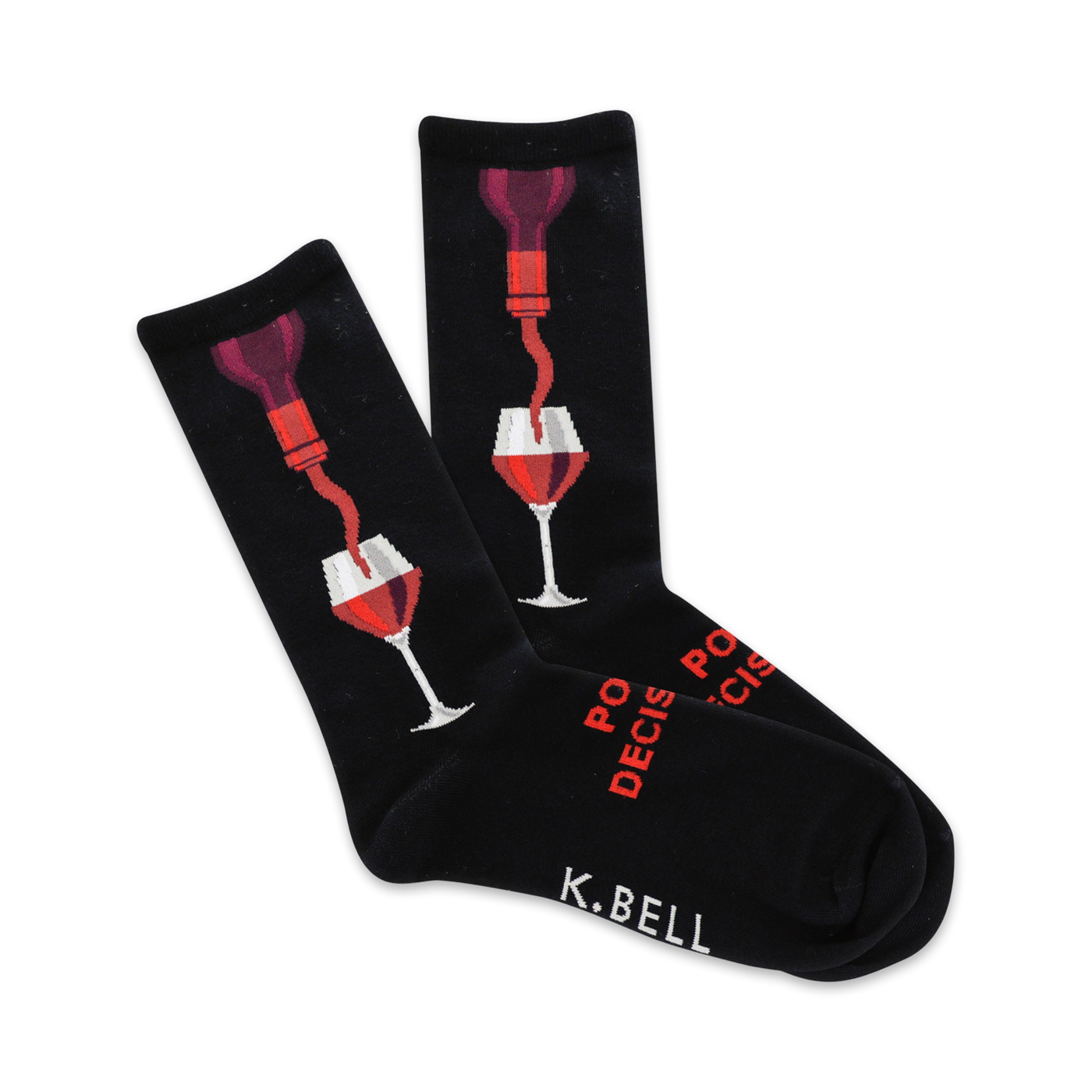 Pair of black crew socks with a red wine bottle pouring into a wine glass graphic.  Text reads 'Pour Decisions'.